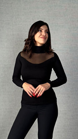 Kadın Uzun Kollu Balıkçı Yaka önü Tül Detay Kaşkorse Kumaş Bluz