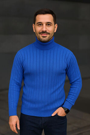 Erkek Balıkcı Yaka Bağazlı Triko Kazak Pamuklu Kalın Fitilli Dokuma, Regular Fit Uzun Kollu Kışlık Model - Saks Mavisi