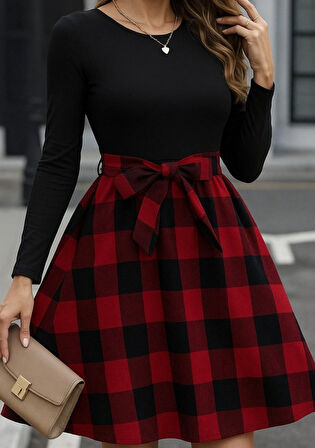 Kadın Uzun Kollu Bisiklet Yaka üst Viskon Alt Ekose Kısa Elbise