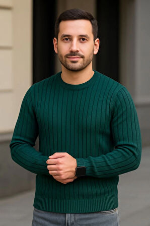 Erkek Bisiklet Yuvarlak Yaka Triko Kazak Pamuklu Kalın Fitilli Dokuma, Regular Fit Uzun Kollu Kışlık Model - Haki