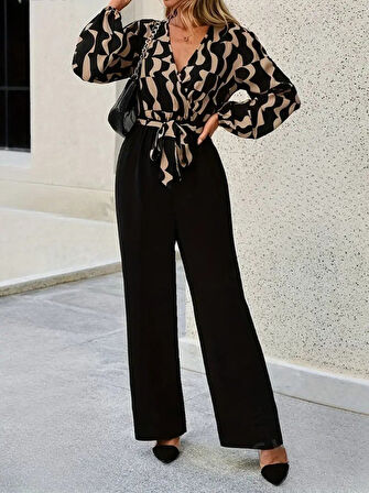 Kadın Uzun Kollu Kruvaze Yakalı Belden Kuşaklı üst Dalgıç Alt Ithal Krep Tulum