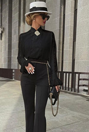 Kadın Uzun Kollu Hakim Yaka Ithal Dantel Detay Gömlek