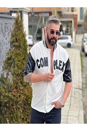 Erkek Complex Kolları Deri Kolej Oversize T-Shirt - Beyaz