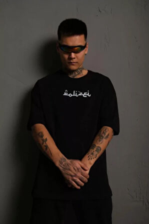 Erkek Bisiklet Yakalı Sırt Baskılı Oversize T-Shirt - Siyah
