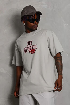 Unisex Oversize Baskılı Bisiklet Yaka T-Shirt - Gri