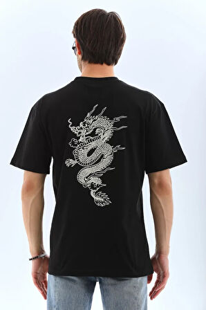 Unisex Oversize Baskılı Bisiklet Yaka T-Shirt - Siyah