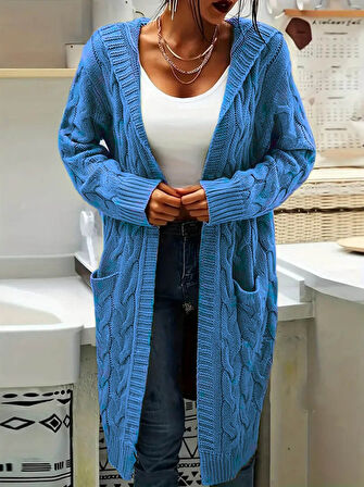 Kadın Uzun Kollu Kapşonlu önü Açık Cepli Midi Hırka