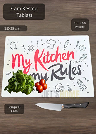 Cam Kesme Tahtası Temperli Kesim Panosu Silikon Ayaklı Kesme Tablası 25X35 cm