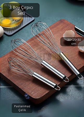 3’lü Set Çelik Çırpıcı Yumurta Çırpıcı Kek Çırpıcı Çorba Çırpıcısı 20-25-30 cm