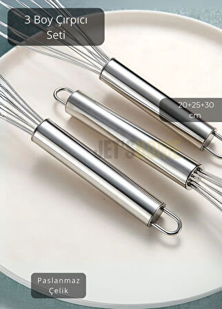 3’lü Set Çelik Çırpıcı Yumurta Çırpıcı Kek Çırpıcı Çorba Çırpıcısı 20-25-30 cm