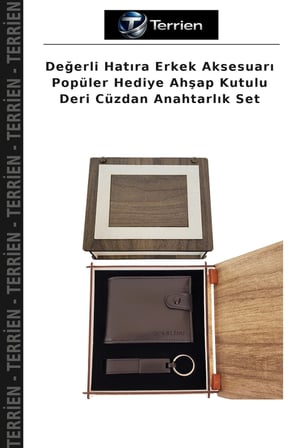 Değerli Hatıra Erkek Aksesuarı Popüler Hediye Ahşap Kutulu Deri Cüzdan Anahtarlık Set
