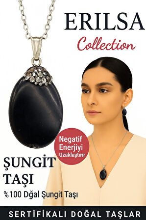 Sertifikalı Zirkon Taşlı Şungit Doğal Taş Kolye – Negatif Enerji Koruma Denge ve Şifa Taşı