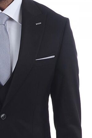 Jan Carlucci Slim Fit Sivri Yaka-Çift Yırtmaç  Düz Siyah  Drop 6 Yelekli Takım Elbise