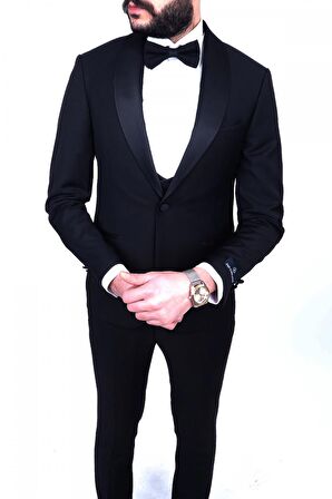 Jan Carlucci Slimfit Şal Yaka Damatlık Takım Ceket - Yelek - Pantolon - Gömlek - Papyon
