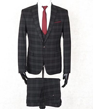 Jan Carlucci Slimfit Tek Düğme Kareli Yelekli Drop 6 Takım-Siyah