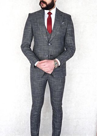 JAN CARLUCCİ Erkek Slim Fit Sivri Yaka Gri Yelekli  Drop 6 Takım Elbise