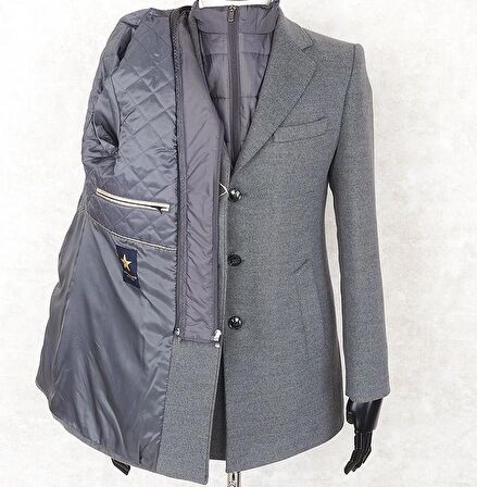 Erkek  Slim Fit  Gri  Çıkmalı Ceket Yaka İçi Kapitoneli Tek Yırtmaç  Dizüstü Kaşe Kaban 