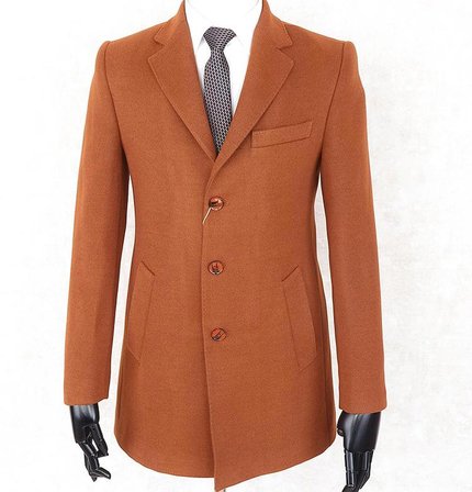 Erkek  Slim Fit  Turuncu Çıkmalı Ceket Yaka  İçi Kapitoneli Tek Yırtmaç  Dizüstü Kaşe Kaban 