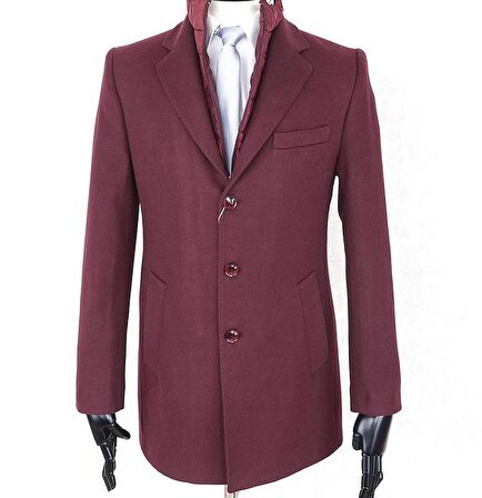 Erkek  Slim Fit Bordo  Çıkmalı Ceket Yaka  İçi Kapitoneli Tek Yırtmaç  Dizüstü Kaşe Kaban 