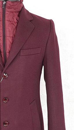 Erkek  Slim Fit Bordo  Çıkmalı Ceket Yaka  İçi Kapitoneli Tek Yırtmaç  Dizüstü Kaşe Kaban 