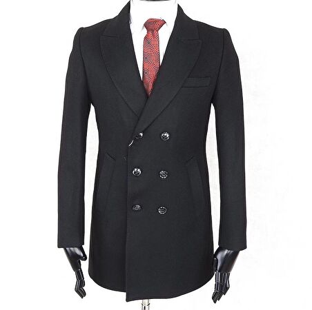 JANCARLUCCİ  Erkek Kruvaze Dar Kesim Siyah Çıkarılabilir  Kürk Yaka Detaylı  Kaşe Kaban 