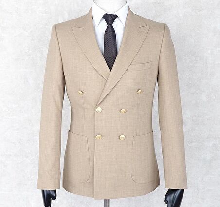 Jan Carlucci Yazlık Kruvaze -Yarım Astar- Metal Düğme Slimfit Drop 6 Ceket- Bej Rengi