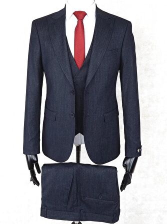 Jan Carlucci Slim Fit Sivri Yaka-Çift Yırtmaç Lacivert Drop 6 Yelekli Takım Elbise