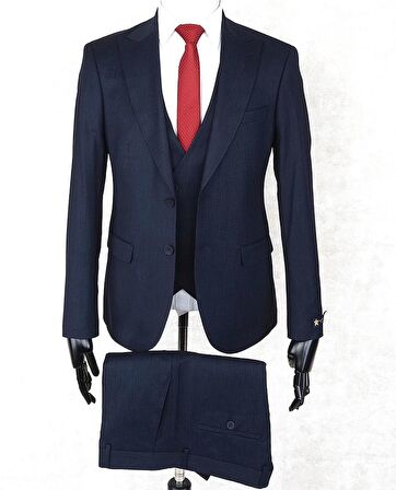 Jan Carlucci Slim Fit Sivri Yaka-Çift Yırtmaç Lacivert Drop 6 Yelekli Takım Elbise