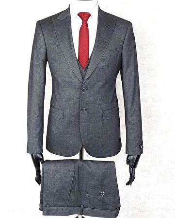 Jan Carlucci Slim Fit Sivri Yaka-Çift Yırtmaç Koyu Gri Drop 6 Yelekli Takım Elbise