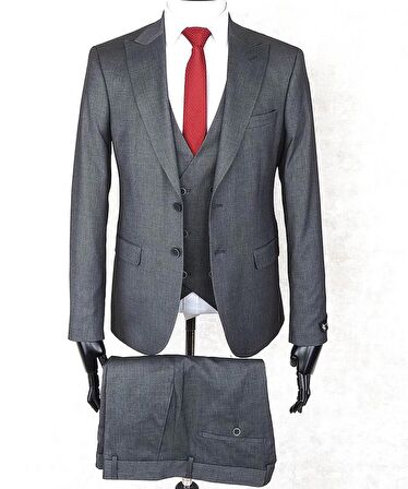 Jan Carlucci Slim Fit Sivri Yaka-Çift Yırtmaç Koyu Gri Drop 6 Yelekli Takım Elbise