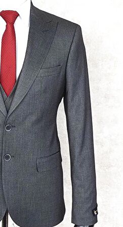 Jan Carlucci Slim Fit Sivri Yaka-Çift Yırtmaç Koyu Gri Drop 6 Yelekli Takım Elbise