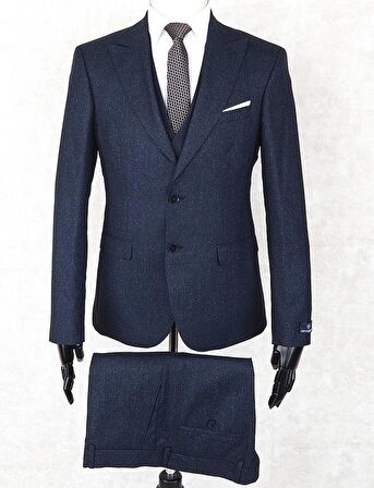 Jan Carlucci Slim Fit Sivri Yaka-Çift Yırtmaç Lacivert Drop 6 Yelekli Takım Elbise