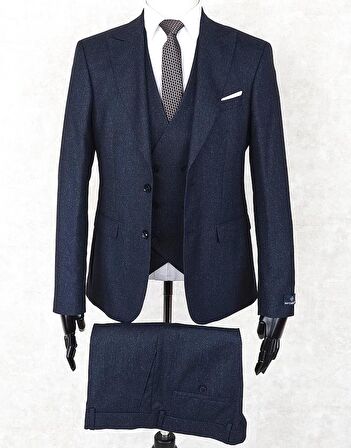 Jan Carlucci Slim Fit Sivri Yaka-Çift Yırtmaç Lacivert Drop 6 Yelekli Takım Elbise