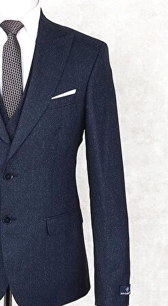 Jan Carlucci Slim Fit Sivri Yaka-Çift Yırtmaç Lacivert Drop 6 Yelekli Takım Elbise