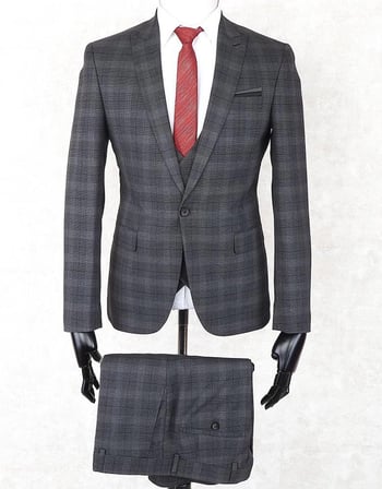 Jan Carlucci Slim Fit Sivri Yaka-Tek Yırtmaç Antrasit Kareli  Drop 6 Yelekli Takım Elbise