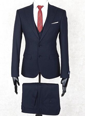 Jan Carlucci Slim Fit Sivri Yaka-Çift Yırtmaç Lacivert Drop 6 Yelekli Takım Elbise