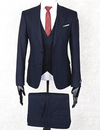 Jan Carlucci Slim Fit Sivri Yaka-Çift Yırtmaç Lacivert Drop 6 Yelekli Takım Elbise