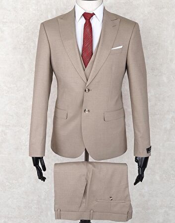Jan Carlucci Slim Fit Sivri Yaka-Çift Yırtmaç Bej Rengi Drop 6 Yelekli Takım Elbise