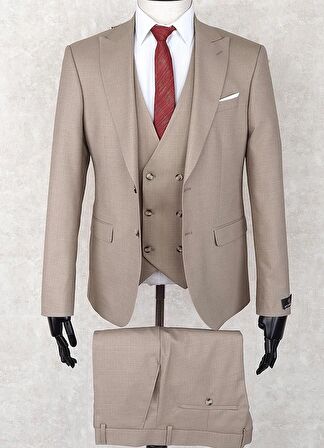 Jan Carlucci Slim Fit Sivri Yaka-Çift Yırtmaç Bej Rengi Drop 6 Yelekli Takım Elbise