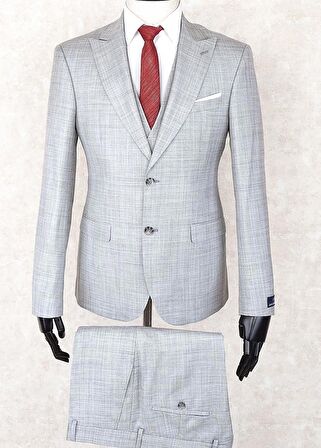 Jan Carlucci Slim Fit Sivri Yaka-Çift Yırtmaç Açık Gri Drop 6 Yelekli Takım Elbise