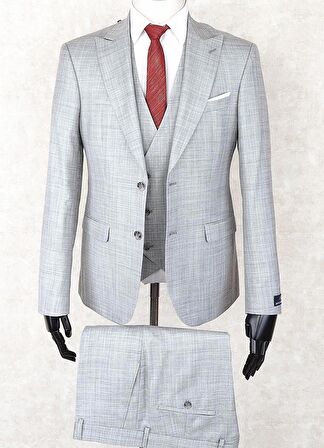 Jan Carlucci Slim Fit Sivri Yaka-Çift Yırtmaç Açık Gri Drop 6 Yelekli Takım Elbise