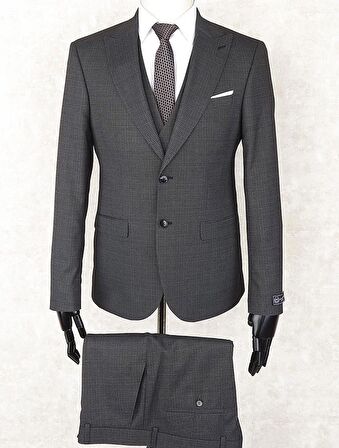 Jan Carlucci Slim Fit Sivri Yaka-Çift Yırtmaç Siyah Desenli Drop 6 Yelekli Takım Elbise