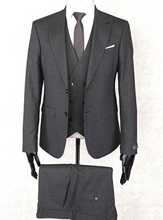 Jan Carlucci Slim Fit Sivri Yaka-Çift Yırtmaç Siyah Desenli Drop 6 Yelekli Takım Elbise