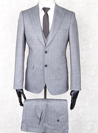 Jan Carlucci Slim Fit Sivri Yaka-Çift Yırtmaç Gri Drop 6 Yelekli Takım Elbise