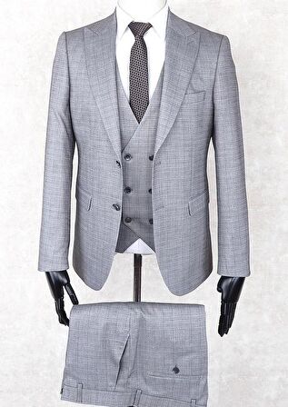 Jan Carlucci Slim Fit Sivri Yaka-Çift Yırtmaç Gri Drop 6 Yelekli Takım Elbise
