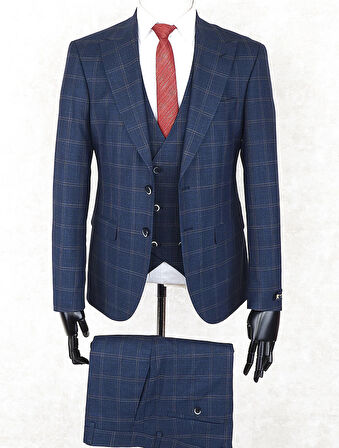 Jan Carlucci Slim Fit Sivri Yaka-Çift Yırtmaç Lacivert Kareli  Drop 6 Yelekli Takım Elbise