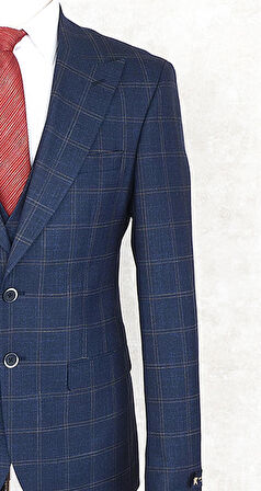 Jan Carlucci Slim Fit Sivri Yaka-Çift Yırtmaç Lacivert Kareli  Drop 6 Yelekli Takım Elbise