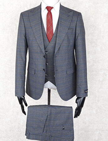 Jan Carlucci Slim Fit Sivri Yaka-Çift Yırtmaç Lacivert Kareli  Drop 6 Yelekli Takım Elbise