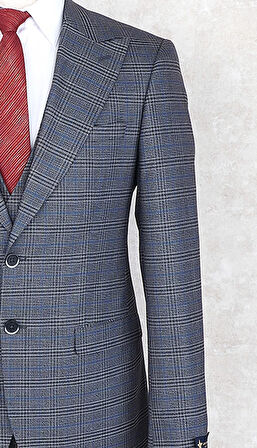 Jan Carlucci Slim Fit Sivri Yaka-Çift Yırtmaç Lacivert Kareli  Drop 6 Yelekli Takım Elbise