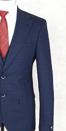 Jan Carlucci Slim Fit Sivri Yaka-Çift Yırtmaç Lacivert Kareli  Drop 6 Yelekli Takım Elbise